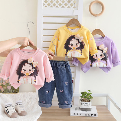 Set Thu Đông Áo Thun Sweeter Họa Tiết Quần Jean Nơ Cho Bé Gái 1-8 Tuổi MINTSCLOSET Quảng Châu GA2434