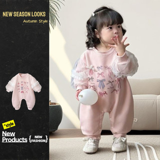  Thu Đông Mới Quần Áo Cho Bé Gái Loại A Cotton Dài Tay Body 0-36 Tháng Sơ Sinh Hồng Bướm Máy In Áo Liền Quần Phong Cách Công Chúa 