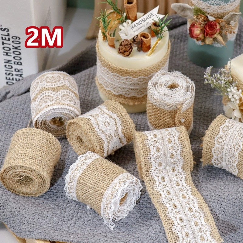 2M Ren Trắng Quà Tặng Bao Bì Đay Tự Nhiên Vải Bố Ruy Băng Vải Lanh Ren Ruy Băng DIY Cưới Trang Trí N