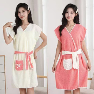 Áo Choàng Tắm Nữ Dáng Váy Buộc Dây TRENDY, Vải Coral Velvet Thấm Nước Nhanh Khô Mềm Mại