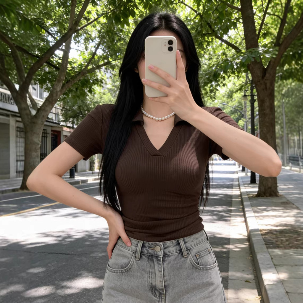 Show Hot Girl Mùa Hè Hợp Thời Trang Slim fit Thiết Kế Mỏng Top Umbilical Áo Sơ Mi Ngắn Ve Áo Đáy Tay