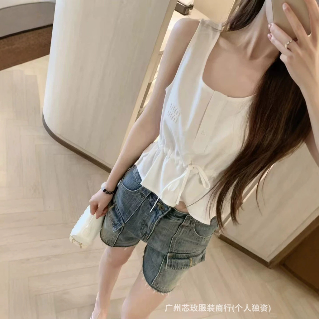 NLKH ~MIU Correct original2026New summer drawstring fashion slimming white versatile top vest