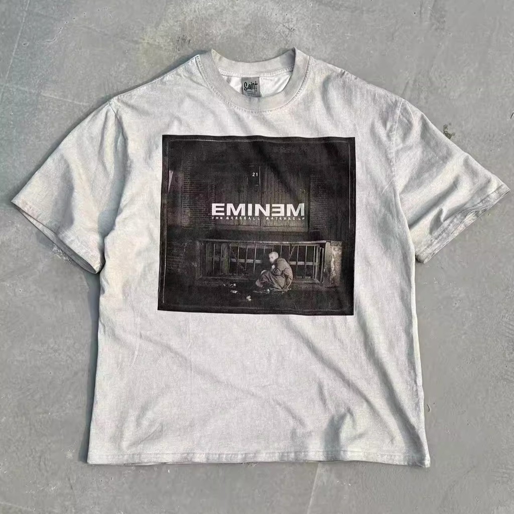 3KMT Sanding vintage White ink direct-printed couple's loose-fit washed vintage short-sleeve shirt T