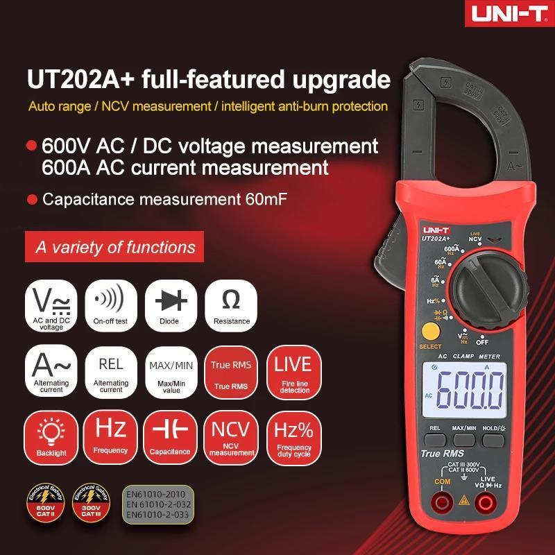UNI T UNI-T UT202A + Đồng hồ kẹp dòng điện AC DC kỹ thuật số Đồng hồ vạn năng True RM