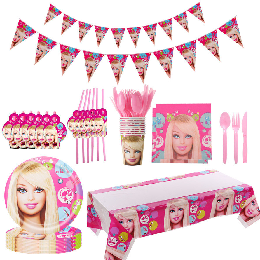 Barbie Công Chúa Chủ Đề Búp Bê Trẻ Em Sinh Nhật Bộ Trang Trí Tiệc Dùng Một Lần Bộ Đồ Ăn Đĩa Ăn