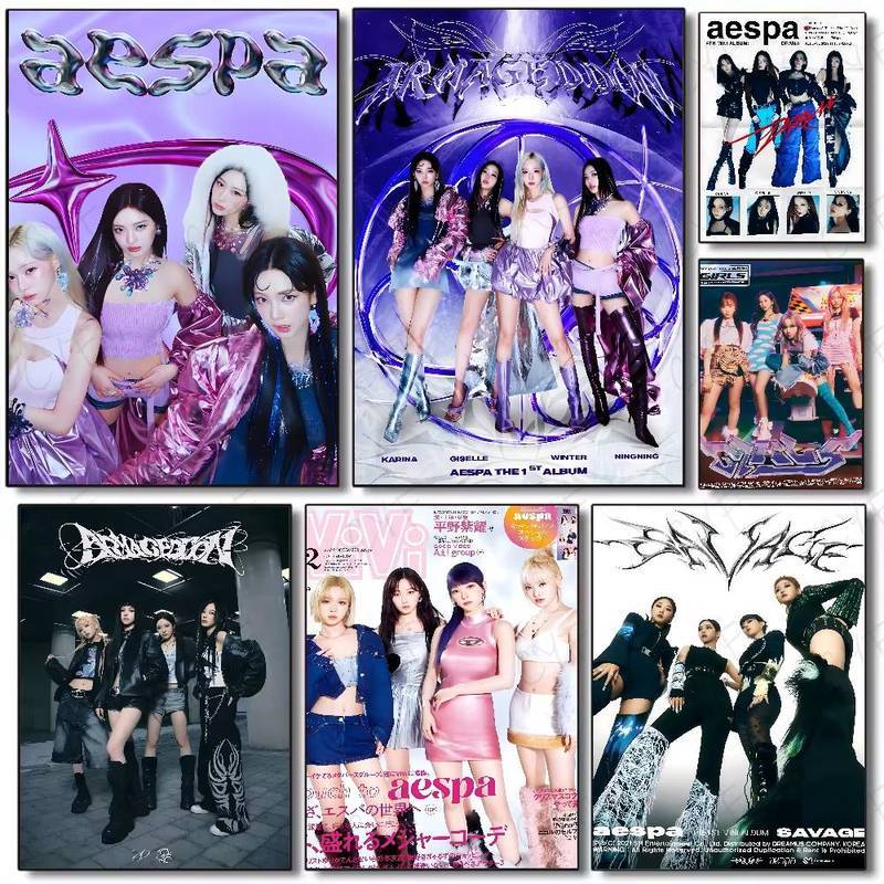 AESPA Kpop Nhóm Cô Gái Canvas Treo Tường Nghệ Thuật Album Bìa Y2K Cyber Thẩm Mỹ Poster Bộ Dành Cho N
