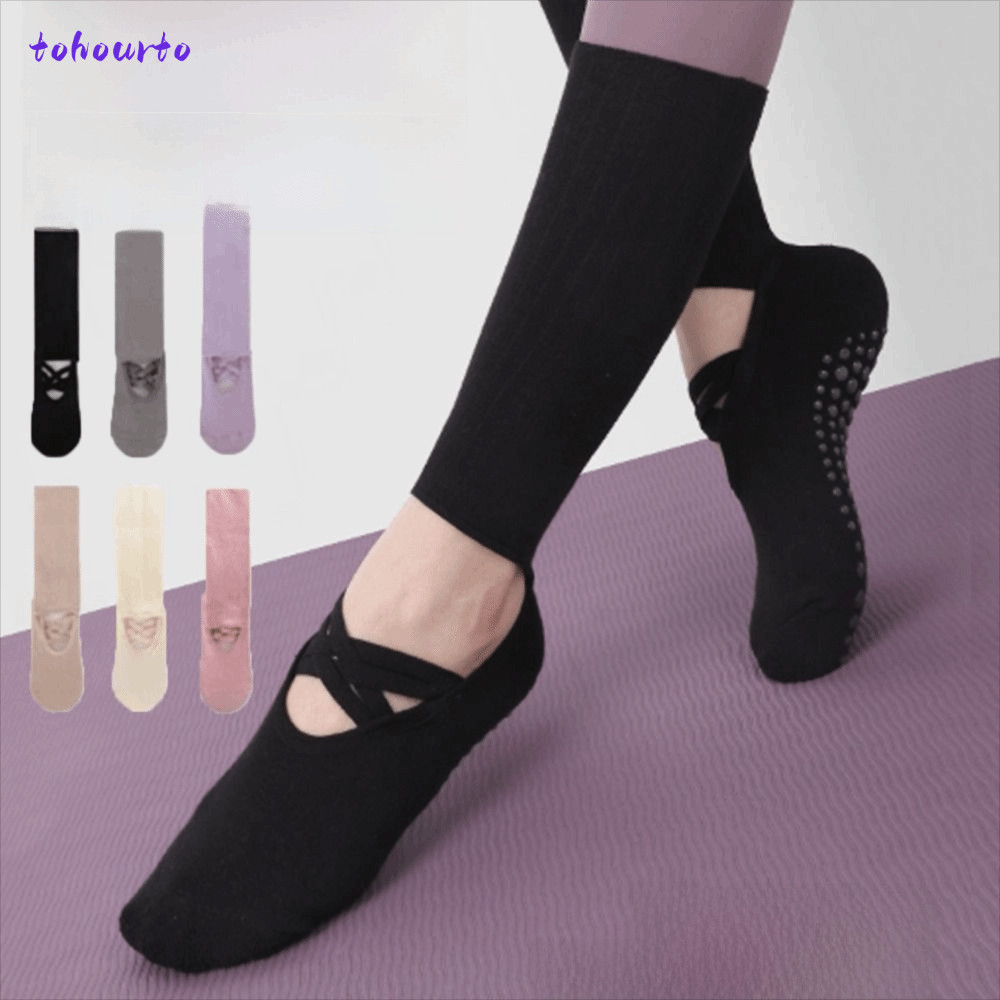 Tất Pilates TOHOURTO, Tất tập Yoga Cotton thoáng khí, Harajuku Street Casual thấm mồ hôi Strappy Gri