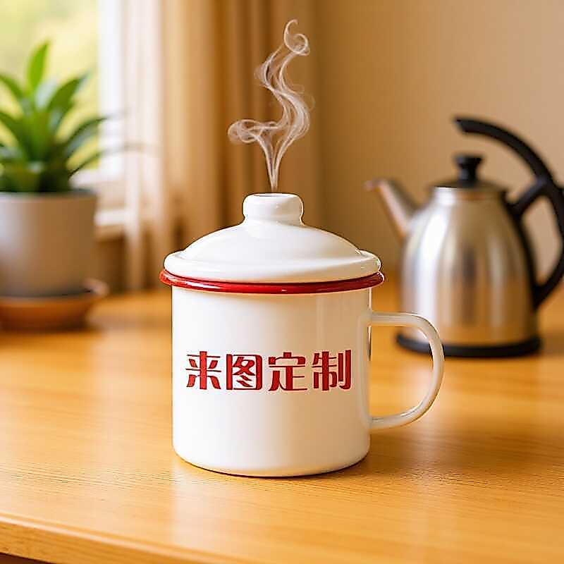Cốc tráng men viền đỏ dày cổ điển Cốc xi lanh trà có nắp Men Men Cup Classic