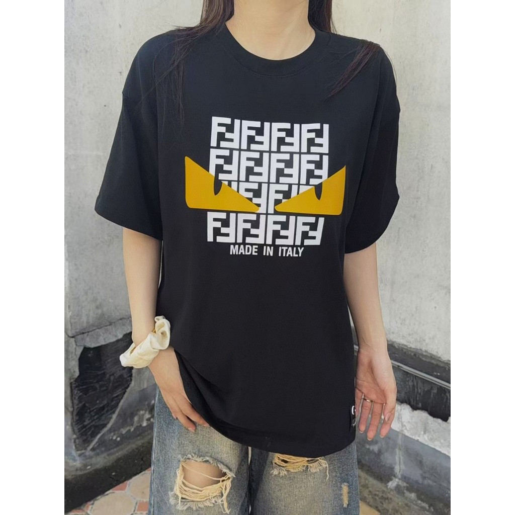 FENDI Mùa Hè Phong Cách Mới Áo Thun Ngắn Tay Nam Nữ Cặp Đôi Phong Cách Kinh Doanh Phong Cách Mỹ Hợp 