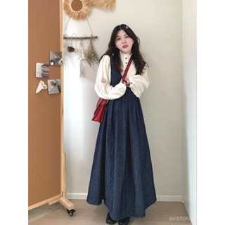   Order  Set đồ nữ thu đông phong cách Hàn Quốc retro đầm jean dáng dài kết hợp áo sơ mi dài tay 