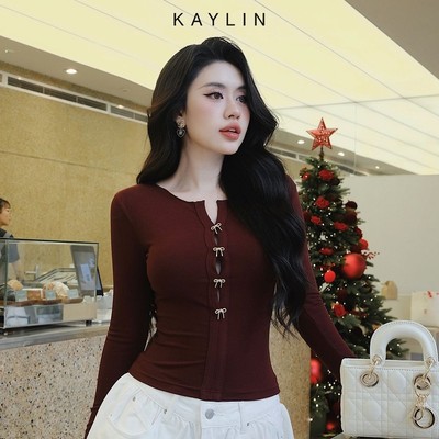 Áo thun KAYLIN tay dài phối nút kèm nơ chất vải cotton gân co giãn phong cách - N2383