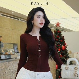  Áo thun KAYLIN tay dài phối nút kèm nơ chất vải cotton gân co giãn phong cách - N2383 