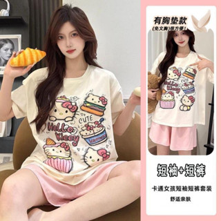  Bộ đồ ngủ nữ mùa hè ngắn tay với miếng lót ngực và quần short đáng yêu set đồ lounge 