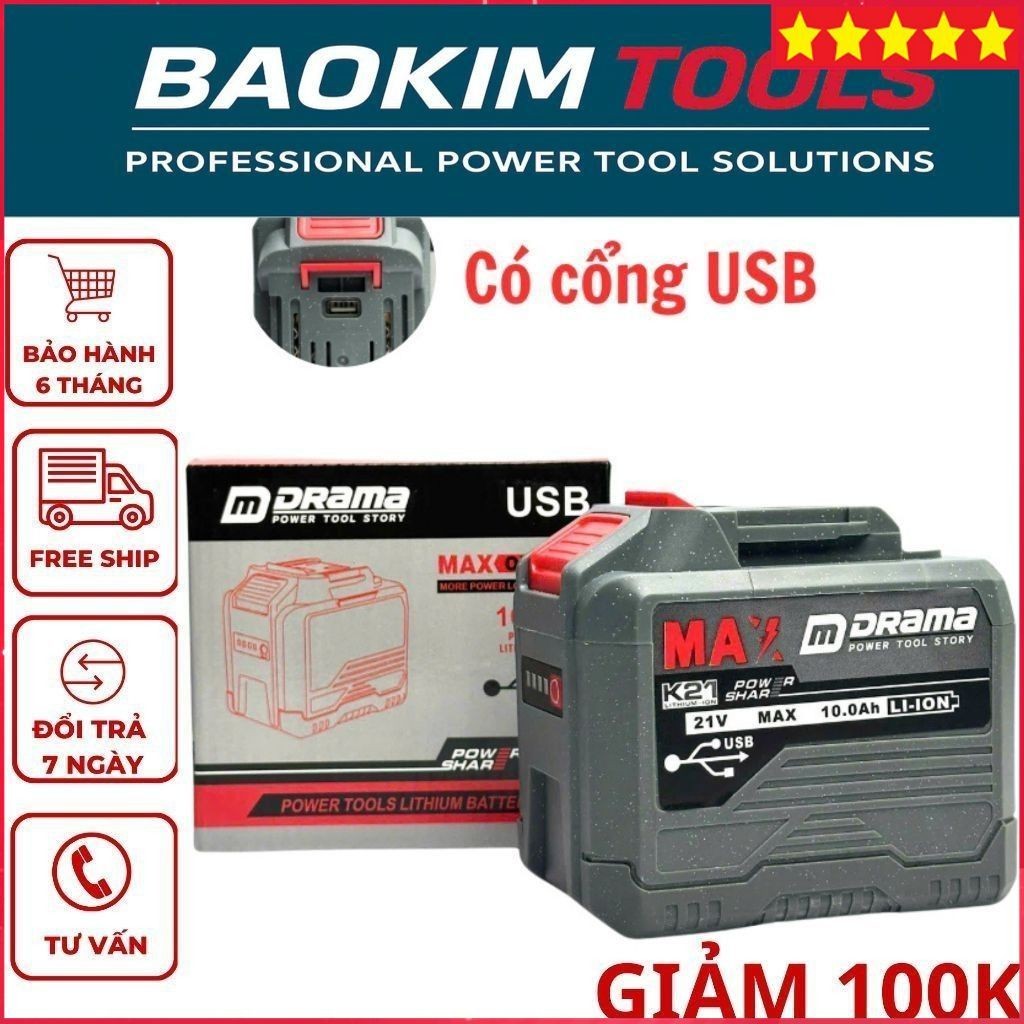 Pin 20 Cell Drama 10Ah Mạch 4 Mosfet Có Cổng Cắm USB - Chân Pin Phổ Thông, Có Đèn Led Báo Pin