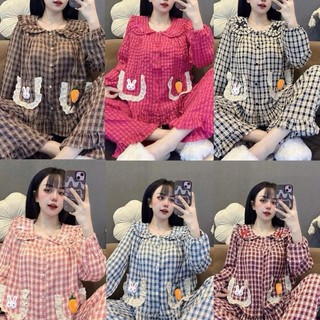 Bộ đồ mặc nhà JUSOKA Tay Dài Quần Dài Kẻ Caro Cổ Sen Túi Nơ Chất Đũi Nhung Mềm Đẹp Cho Nữ DU18 