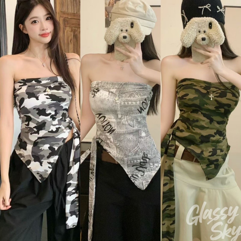 Glassy Sky A Tube Top Với Đệm Bọt Mát Họa Tiết Quân Sự Chi Tiết Rất Phong Cách Và Dễ Thương. Áo thun