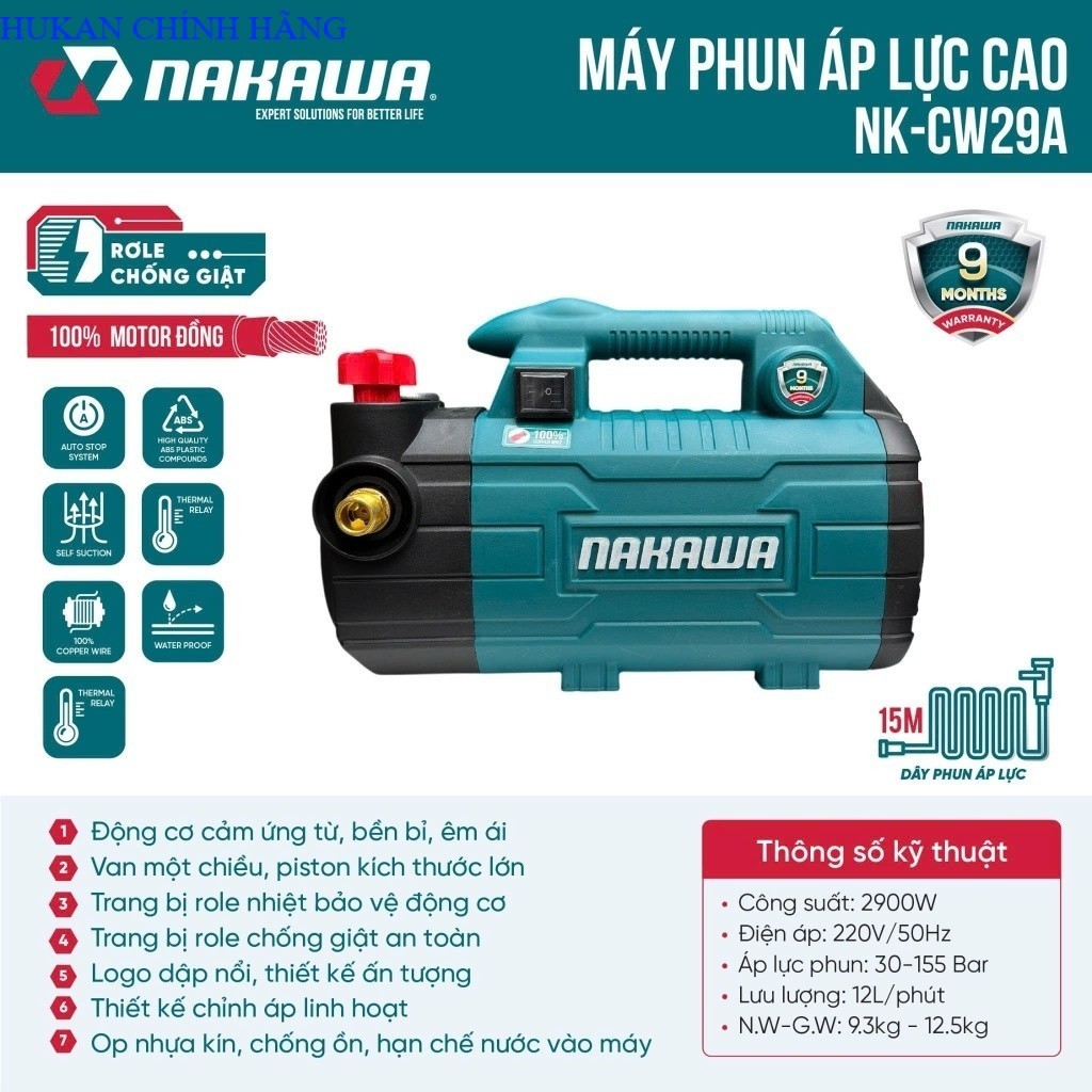 Máy Rửa Xe Áp Lực Cao NAKAWA ( NK-CW29A ) Công Suất 2900W- Có Công Tắc Chống Giật- HUKAN CHINHHANG