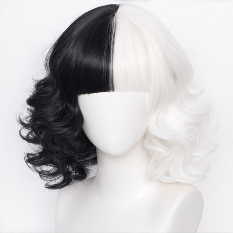 Châu Âu Mỹ Thời Trang Nữ cos Tóc Giả Đen Trắng Phù Thủy Cruella Cruella Tóc Xoăn Ngắn