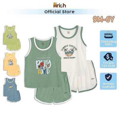 Bộ ba lỗ thể thao Arich vải sợi tre in hình cho bé trai, bé gái size từ 9m-6tuổi