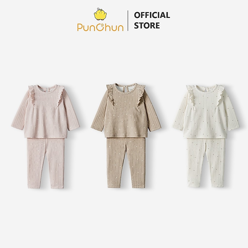 [PUNCHUN 9M-5Y] Bộ quần áo dài cánh tiên nỉ gân cho bé gái Tea Punchun