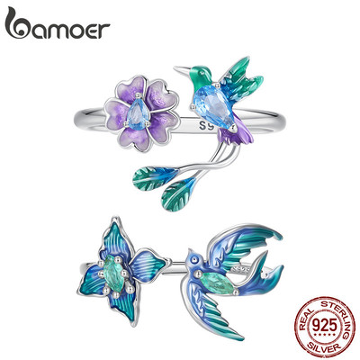 Bamoer Bạc 925 Mở Nhẫn Có Thể Điều Chỉnh Kích Thước Xanh Tím Chim & Hoa Trang Sức Thời Trang Cho Nữ Quà Tặng