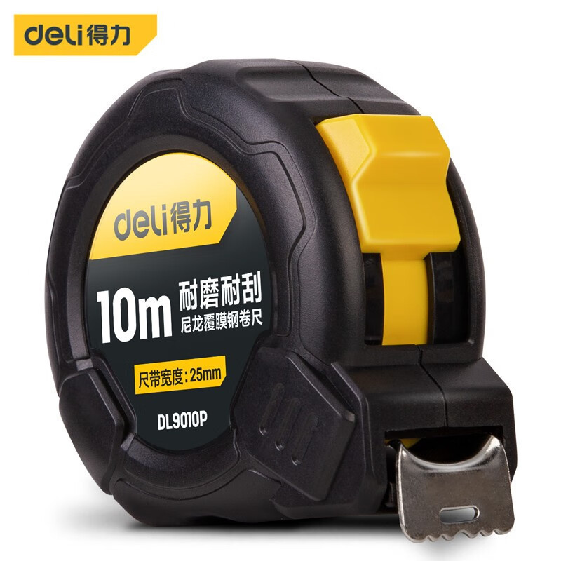 Deli (deli) Thước dây thép nhiều lớp Nylon 10m Thước hộp dày Thước có thể thu vào 10m * 25mm
