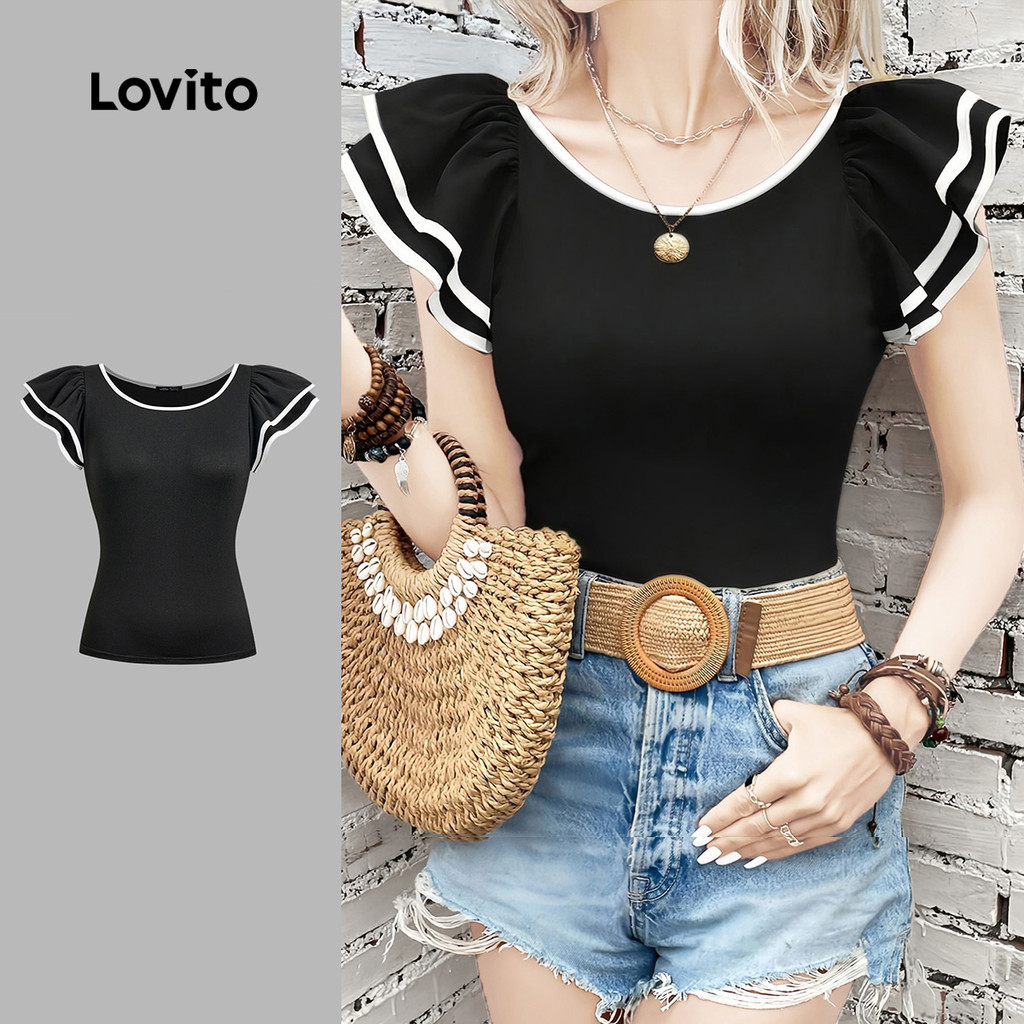 Lovito Áo sơ mi nữ tay ngắn màu phối màu áo sơ mi đen thường ngày L150AD1021