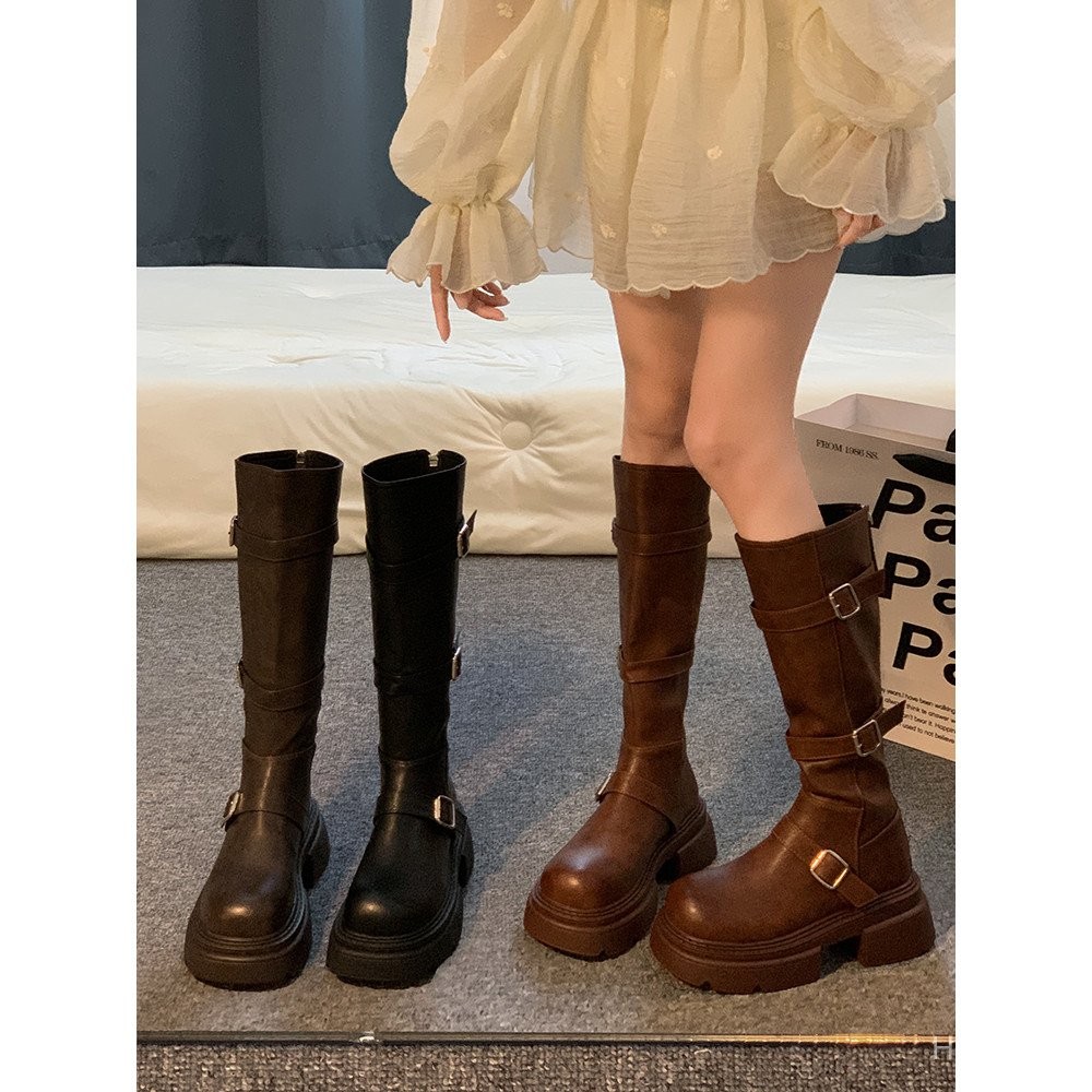 Giày bốt dài đế dày Rider Boots Slimer Look Chiều dài đến đầu gối Thường ngày cao Martin Bo