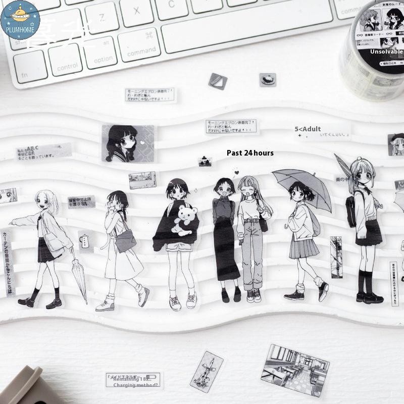PLUMHOME 2m / cuộn Sổ lưu niệm Nhật ký Album Văn phòng phẩm Nhãn dán Kawaii Nhật Bản Đen Trắng Manga