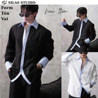   Deal Mở Bán  Form Tôn Vai  Áo Somi SILAS Eliass Phối Sọc Viền Hàn Cotton Chéo Nam Form Rộng - ASL10 