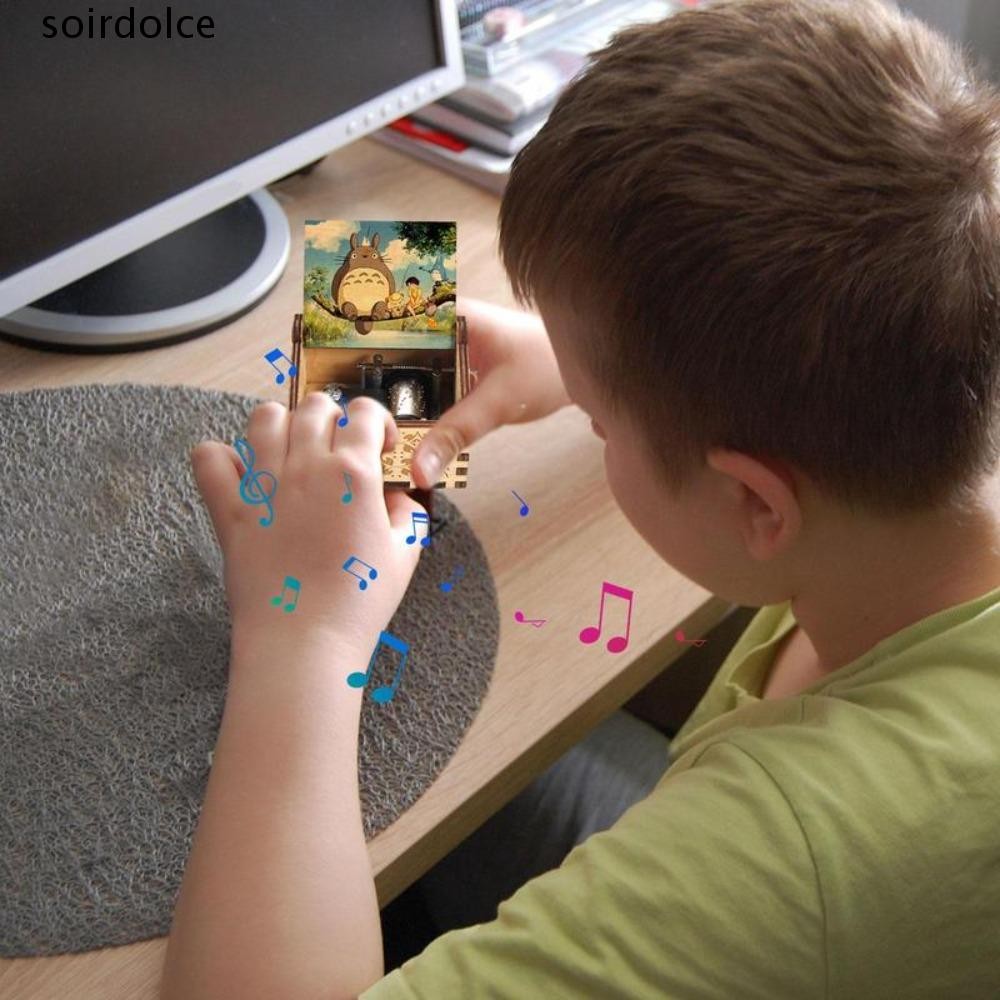 SOIRDOLCE Totoro Hộp Nhạc Quay Tay Bằng Gỗ, Họa Tiết Khắc Hoạt Hình Totoro Hộp Nhạc, Tonari No Totor