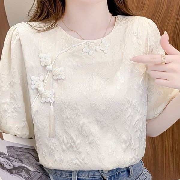 Xishilong Trung Quốc Retro Phong Cách Trung Quốc Nút Áo Sơ Mi Trung Quốc Bong Bóng Jacquard Voan Top