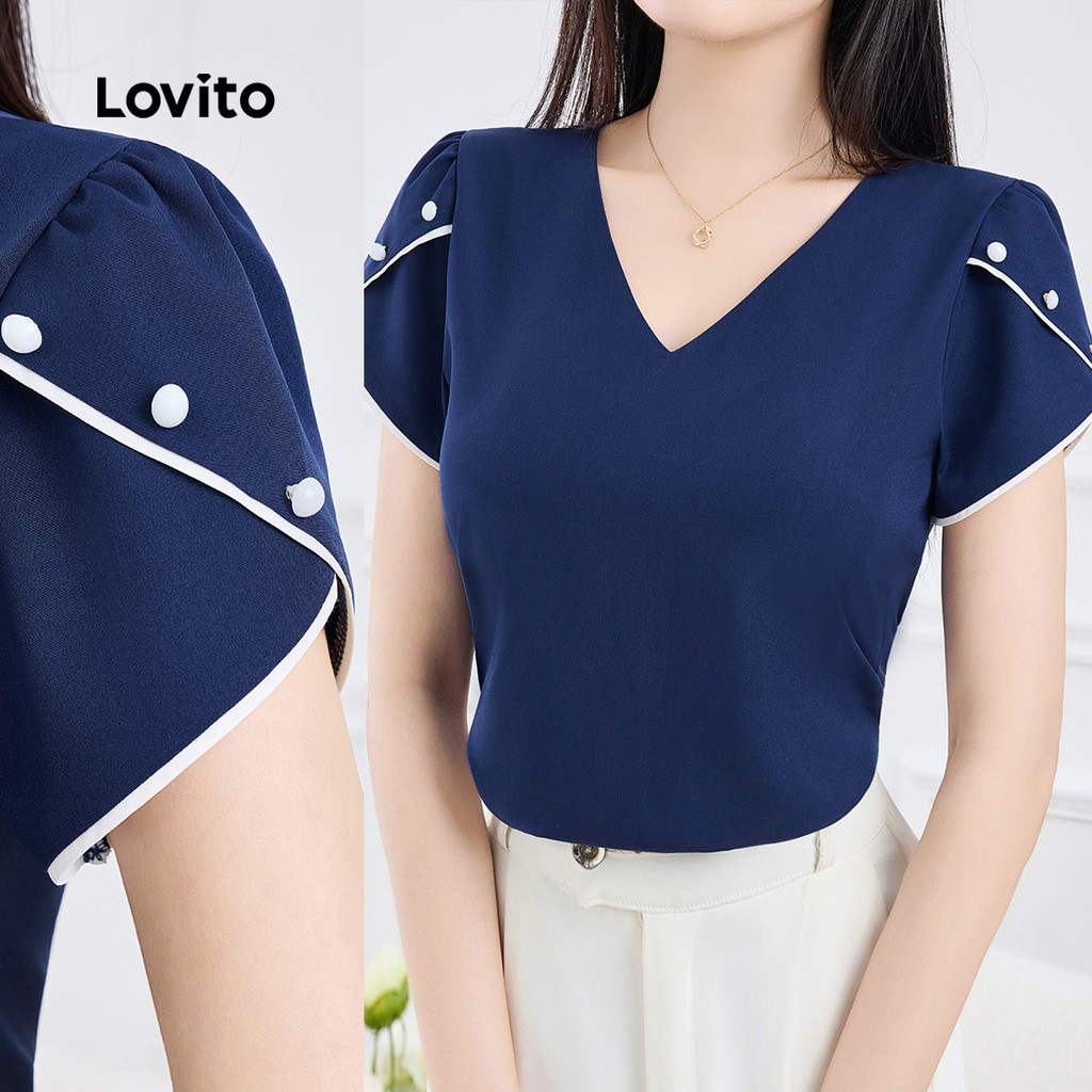 Lovito Áo sơ mi nữ suông thắt viền đối lập Mùa Xuân/Hè Áo sơ mi xanh navy L155AD324
