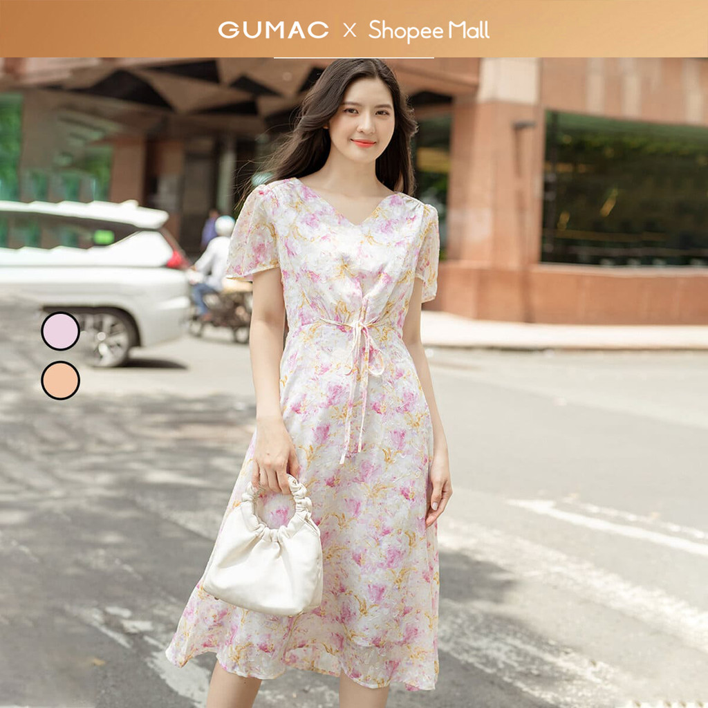 Đầm nữ GUMAC A họa tiết hoa tay loe thắt nơ eo vải voan mềm nhẹ  DD06015