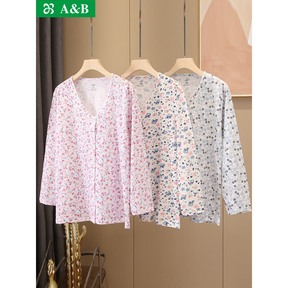 AB Quần Lót Nữ Cotton Nguyên Chất Mỏng In Hình Cardigan Dài Tay Trung Niên Người Cao Tuổi Mẹ Bộ Đồ N