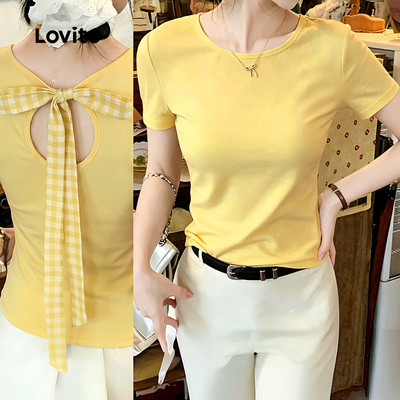 Lovito Áo thun nữ màu vàng nhạt nhẹ mùa xuân hè kiểu dáng thường ngày buộc dây sau lưng LK6ED264