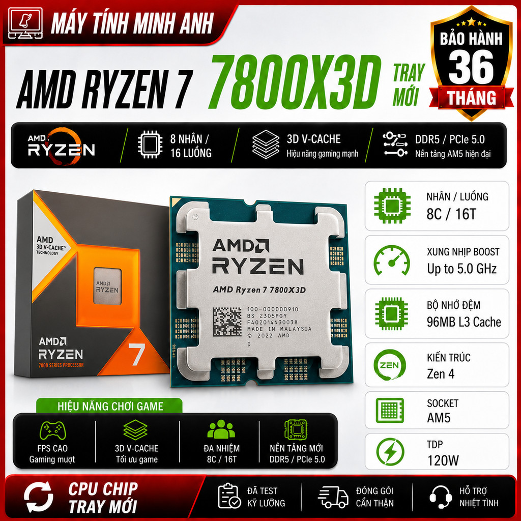 CPU AMD Ryzen 7 7800X3D AM5 Tray - BẢO HÀNH 36 THÁNG, Ryzen 9 7950X