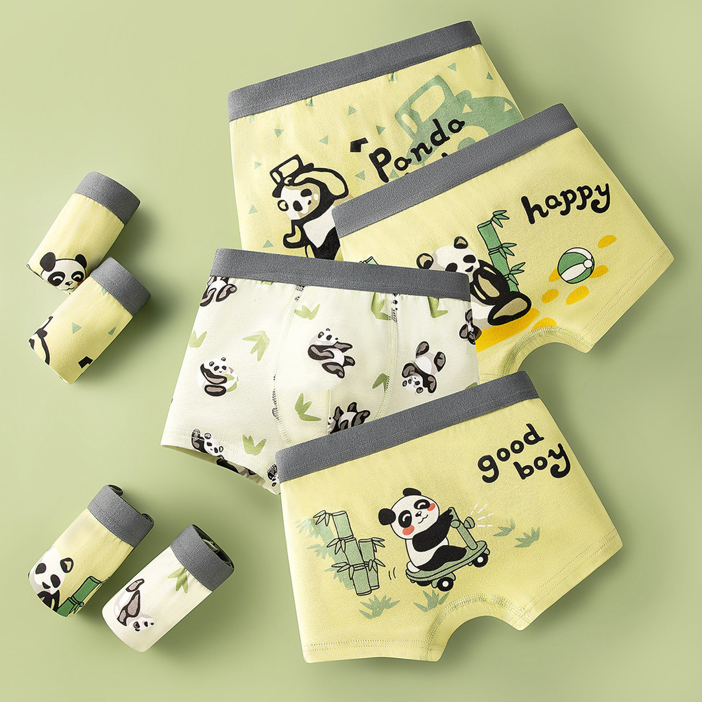 Kids Boys Cotton Underwear 4 Pack Cartoon Skateboard Panda Bamboo Pattern Grey Elastic Waist Comfort