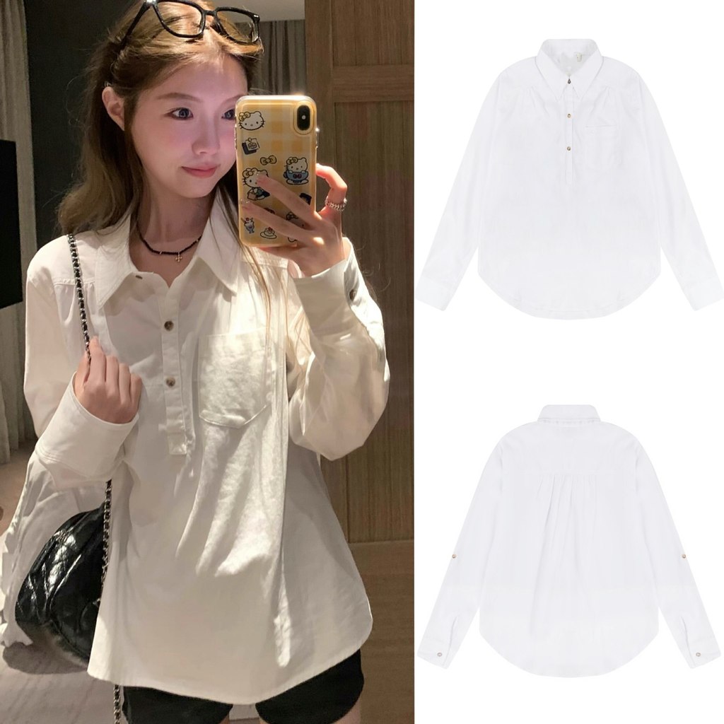 29PW HCO Little Seagull half-open collar women's top, minimalist relaxed style, casual white shirt, 