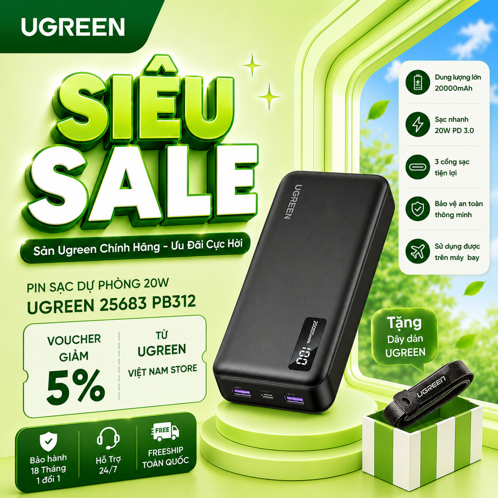 Sạc dự phòng 20W 20000mAh sạc nhanh 3 cổng PD 3.0 Ugreen 25683 PB312 | Bảo hành 18 Tháng Đổi Mới