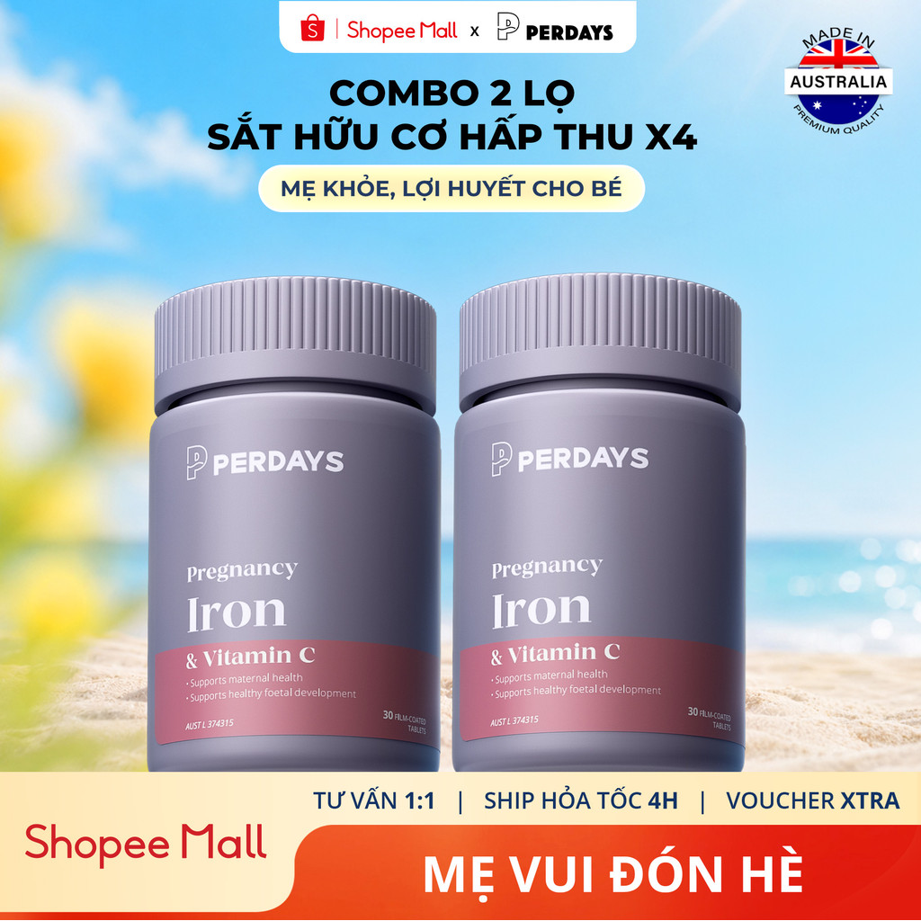 Combo 2 Lọ Sắt Bầu Perdays Vitamin C Ngừa Thiếu Máu Thiếu Sắt Cho Mẹ Bầu Lọ 30 Viên x 2