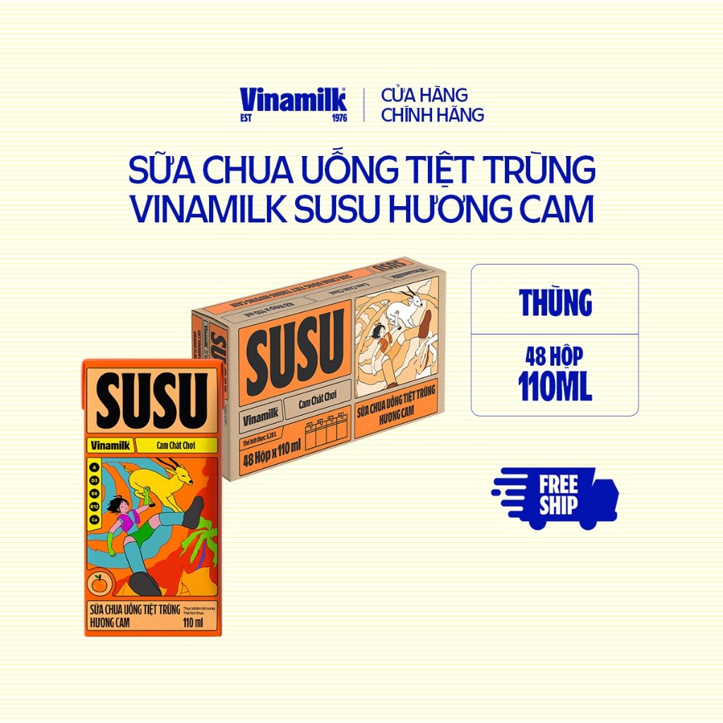 Sữa chua uống hương cam/dâu Vinamilk Susu - Thùng 48 hộp 110ml/Nửa thùng 24 hộp 110ml