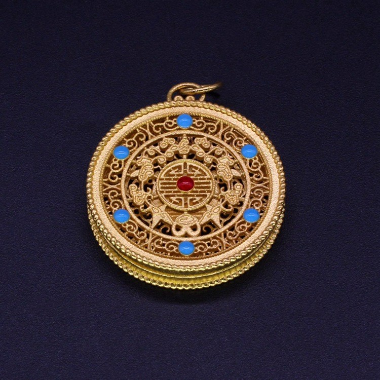 Mặt Dây Chuyền Truyền Thống Nepal Vàng Đồng, Họa Tiết Sọc Kẻ Và Hoa Lá - Mang May Mắn Và Thẩm Mỹ