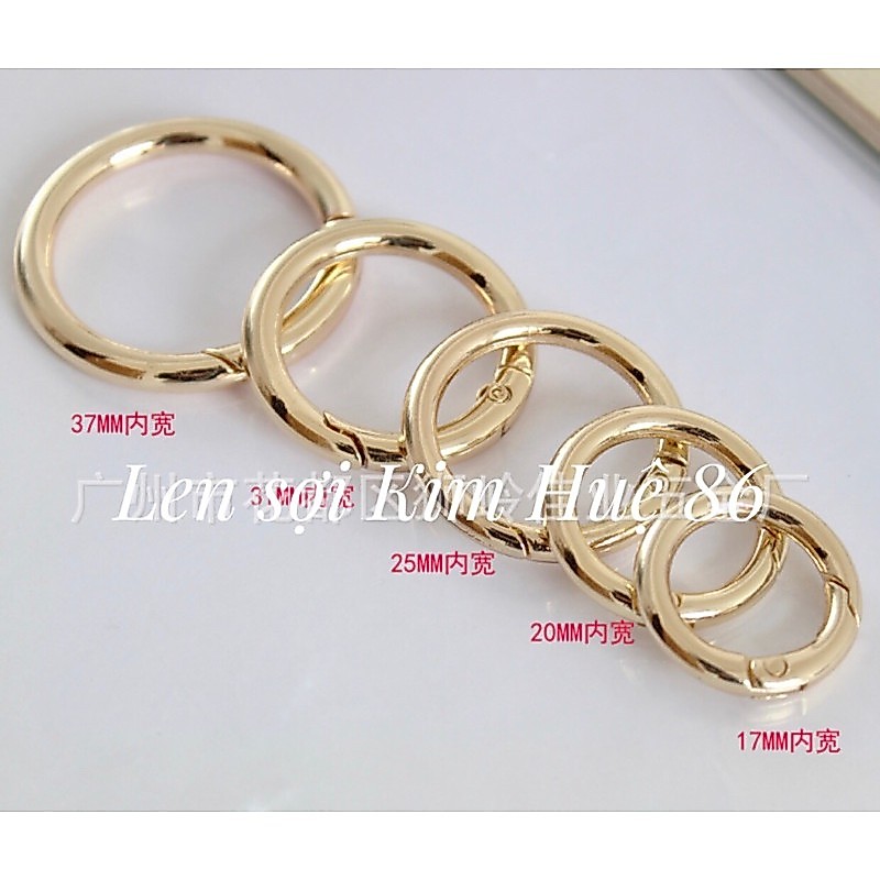 Khoen tròn mở ( 2 cái)-Khoen tròn bằng thép hợp kim, màu vàng dùng làm phụ kiện treo túi xách,ĐK:( 17,5mm - 48mm) +10%..