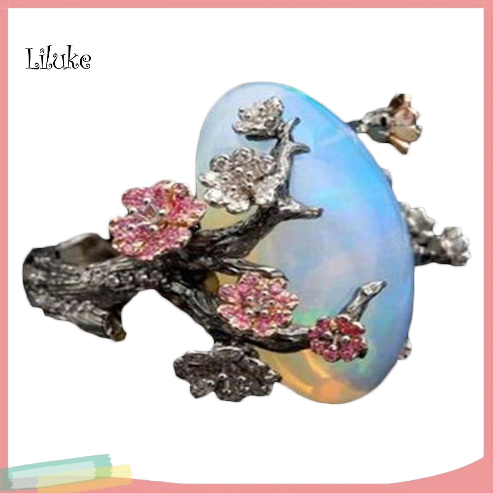 LK Vintage Nữ Giả Opal Hoa mận Hoa Hai Tông Ngón Tay Nhẫn Trang Sức