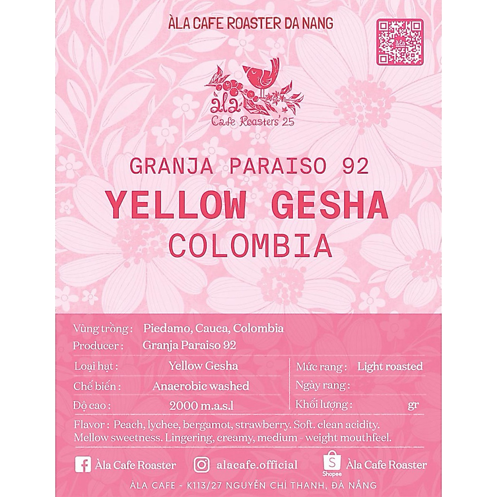 Cà phê Specialty Colombia Yellow Gesha Paraiso 92 gói 200g rang light