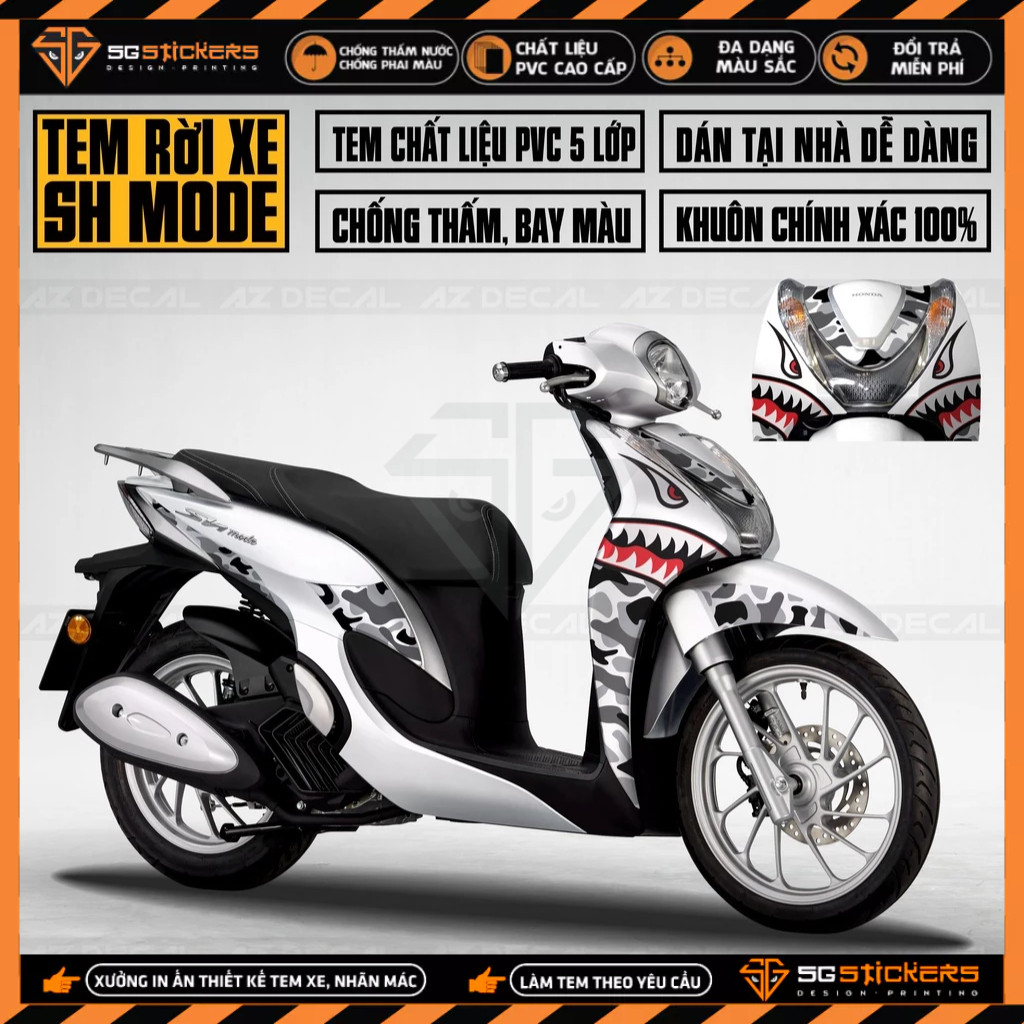 Tem Xe SH Mode Mẫu Cá Mập | SM01 | Dán Xe 2015 - 2019 Và 2020 - 2021, Áp Dụng Màu Đen, Trắng, Đỏ, Bạ