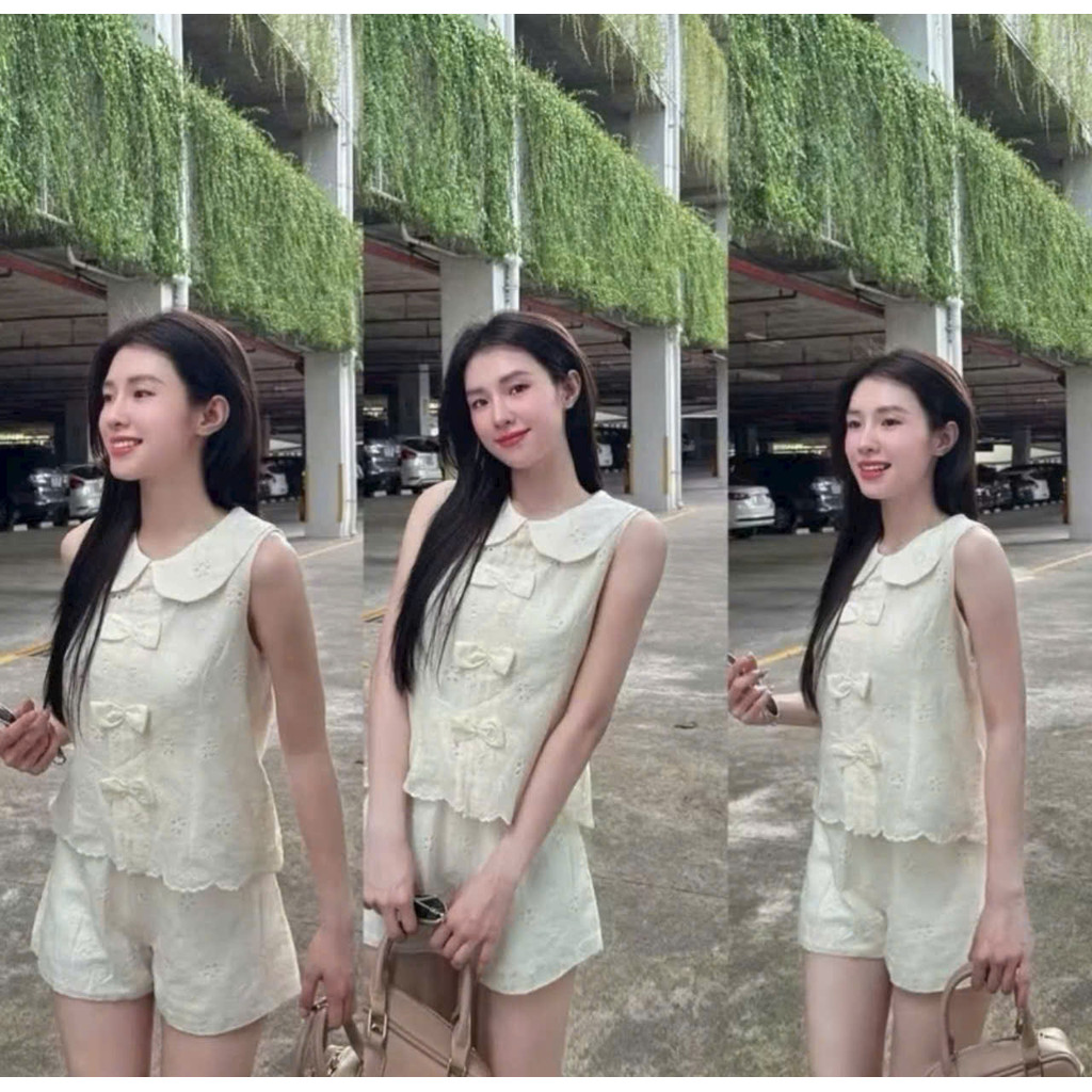 set đồ nữ sang chảnh,set đồ nữ mùa hè,bộ áo cổ sen quần đùi ren thêu dễ thương