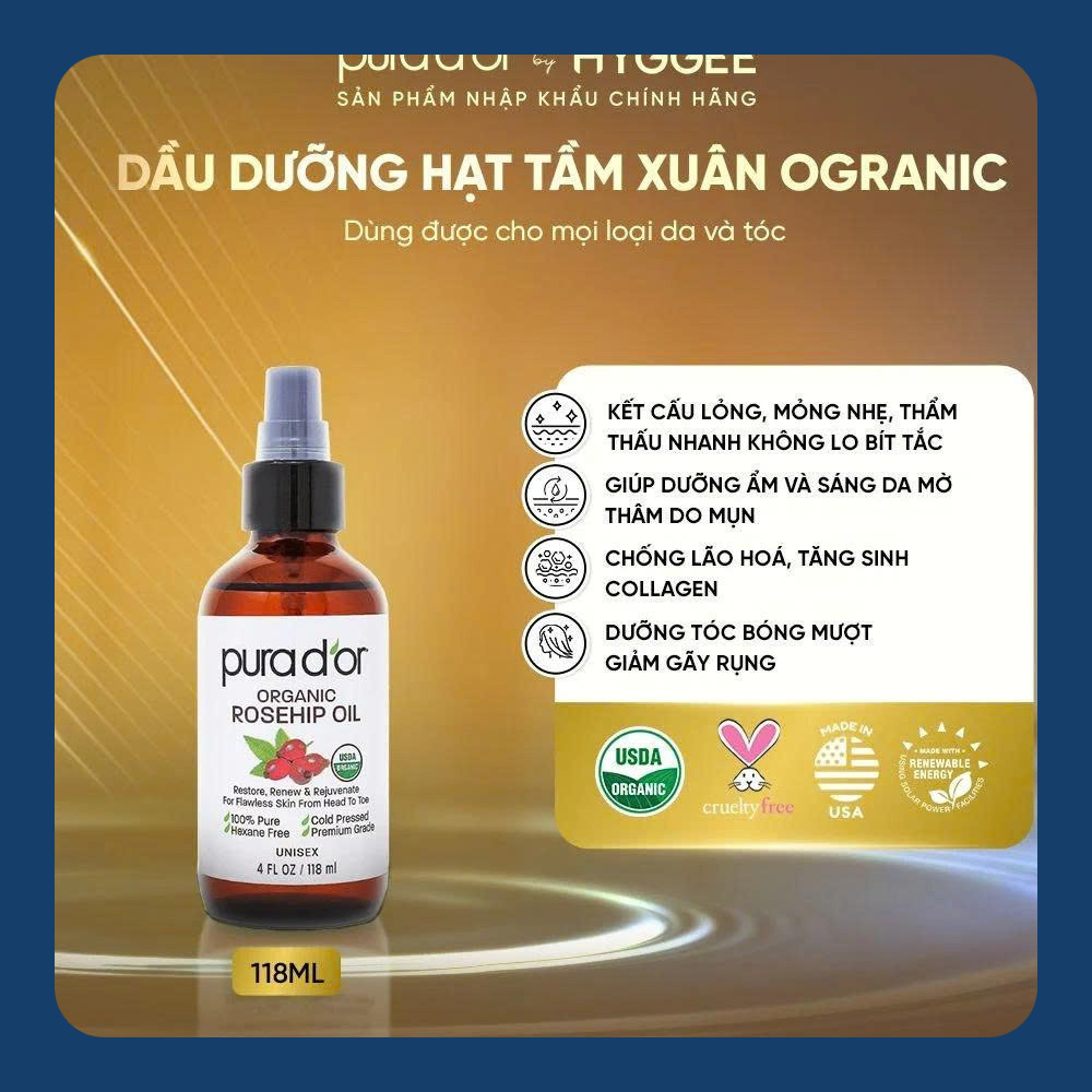 Dầu Tầm Xuân Pura Dor Roseship Oil/ Vitamin E Oil/ Organic Argan Oil 118ml