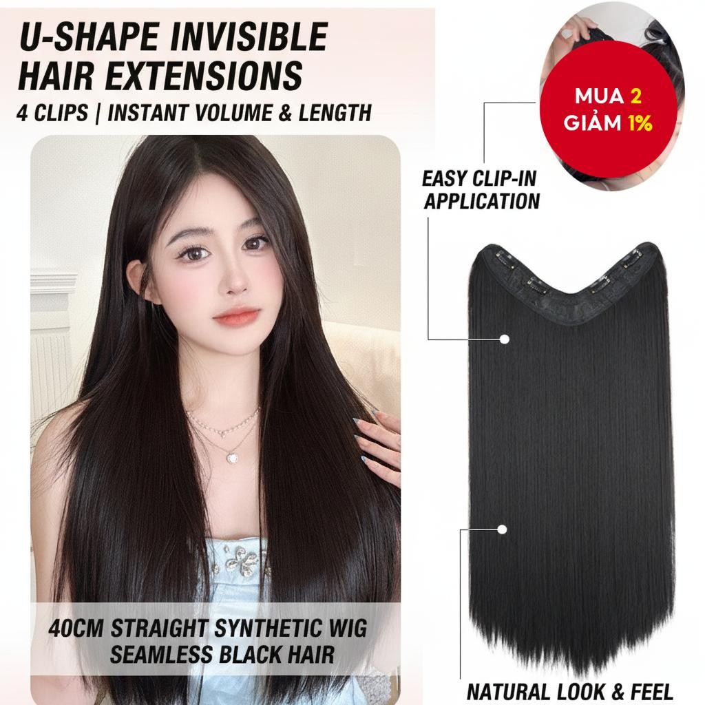 Phần mở rộng tóc vô hình hình chữ U 40cm với 4 kẹp tóc giả tổng hợp thẳng cho nữ màu đen